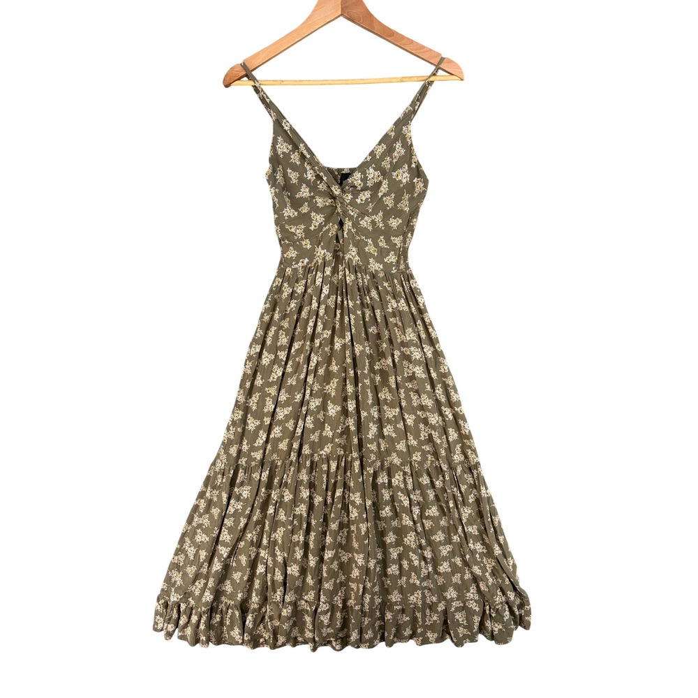 Angie Womens Olive Green Floral Smocked Tiered Boho Midi Dress Small Prairie